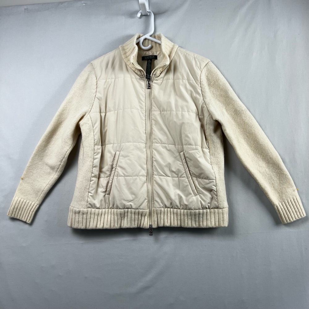 LRL Ralph Lauren Jacket Womens XL Quilted Zip Up Lambs Wool Knit Sleeves Ivory